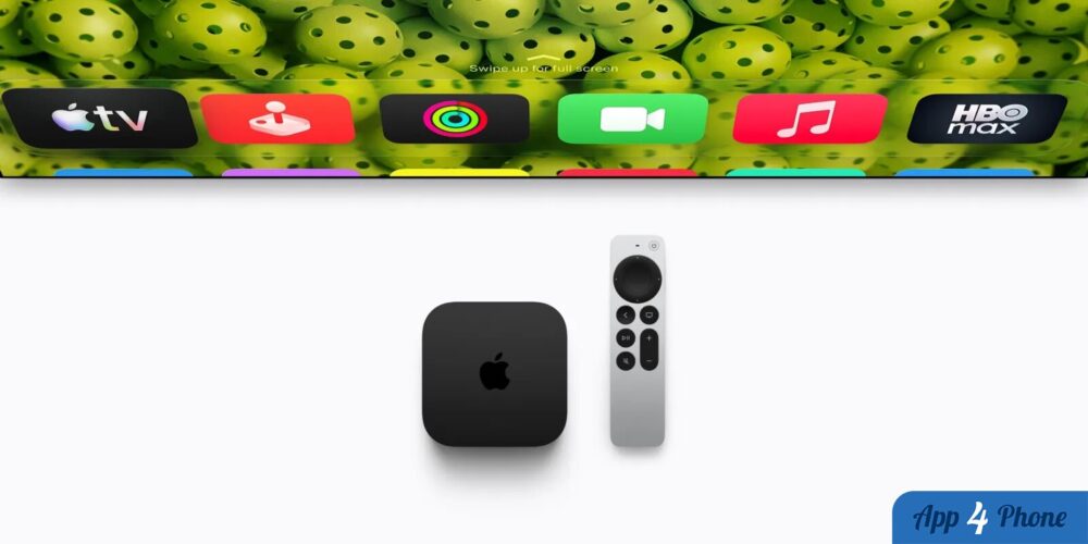 Boîtier Apple TV 4K et télécommande présentés sur fond blanc