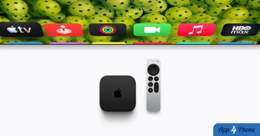 Boîtier Apple TV 4K et télécommande devant l’écran d’accueil