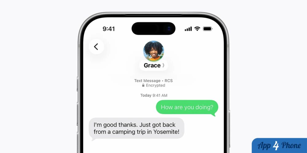 Conversation RCS affichée dans l’application Messages sur un iPhone