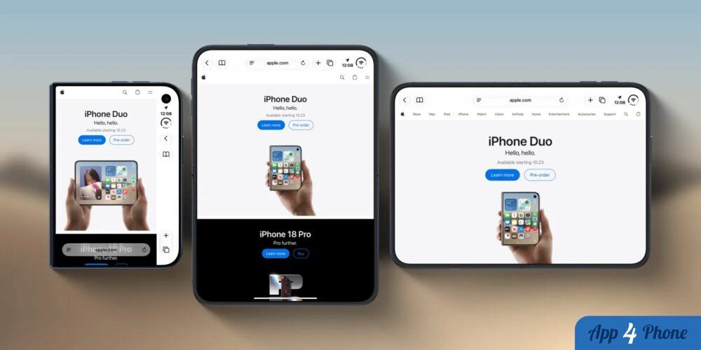 L’iPhone Duo présente Safari sur ses écrans en plusieurs orientations.