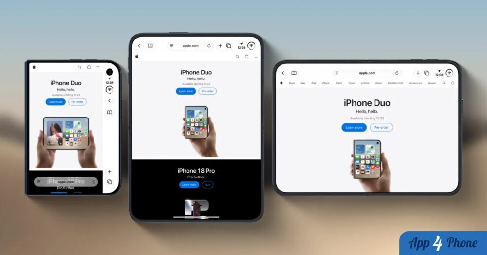 Trois vues de l’iPhone Duo affichent Safari sur différentes orientations.