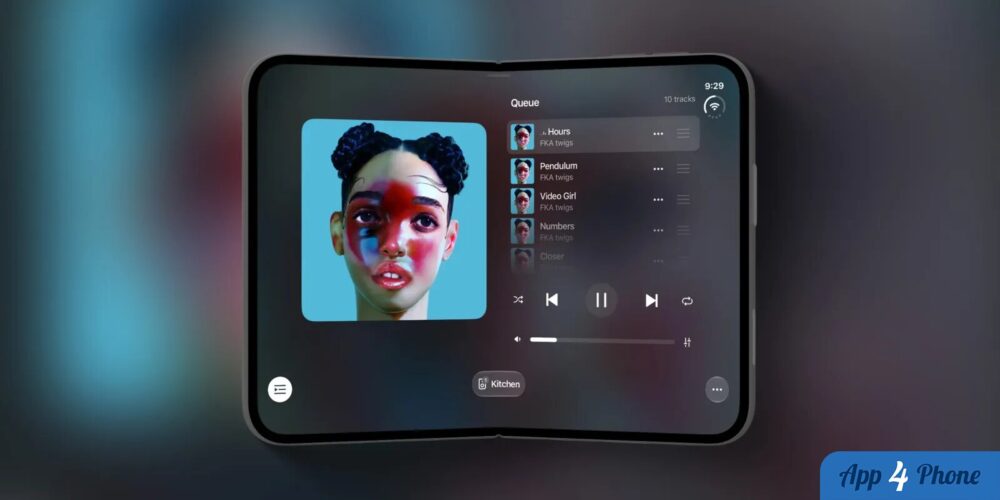 Rendu d’un iPhone pliable horizontal avec file musicale affichée