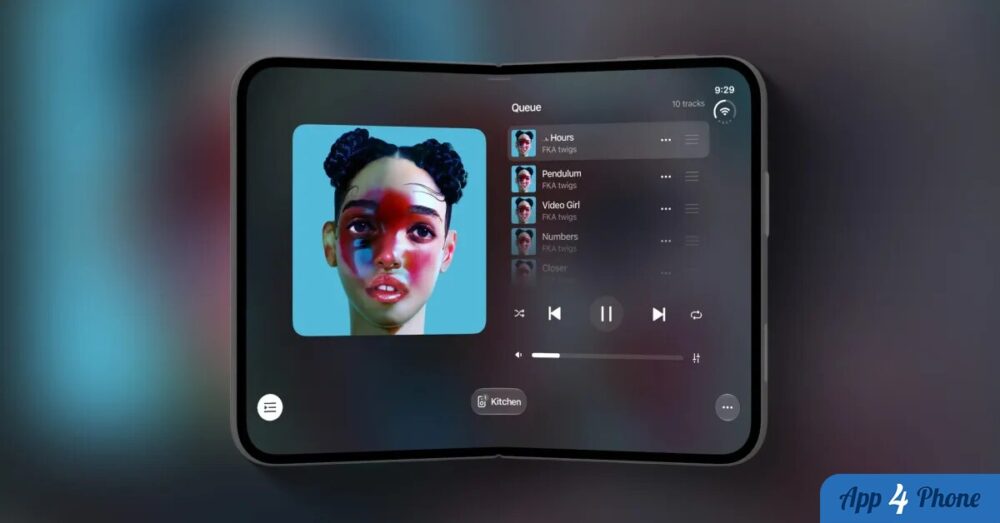 iPhone pliable horizontal affichant une interface de lecture musicale