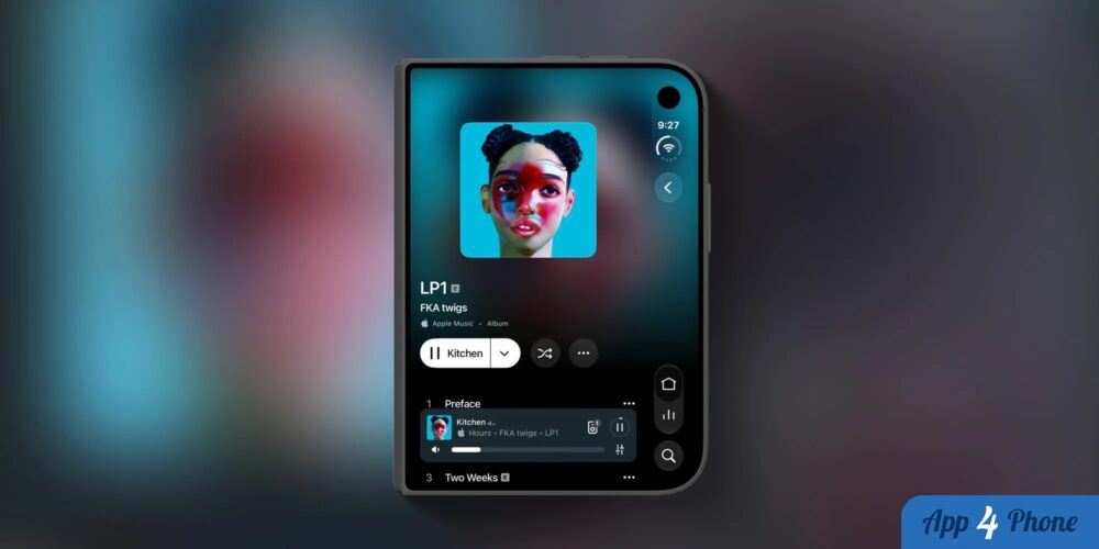iPhone pliable vertical affichant une interface musicale adaptée