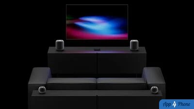 Rendu d’un salon équipé de quatre enceintes HomePod