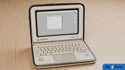 iPhone Duo ouvert simulant un petit ordinateur rétro avec clavier