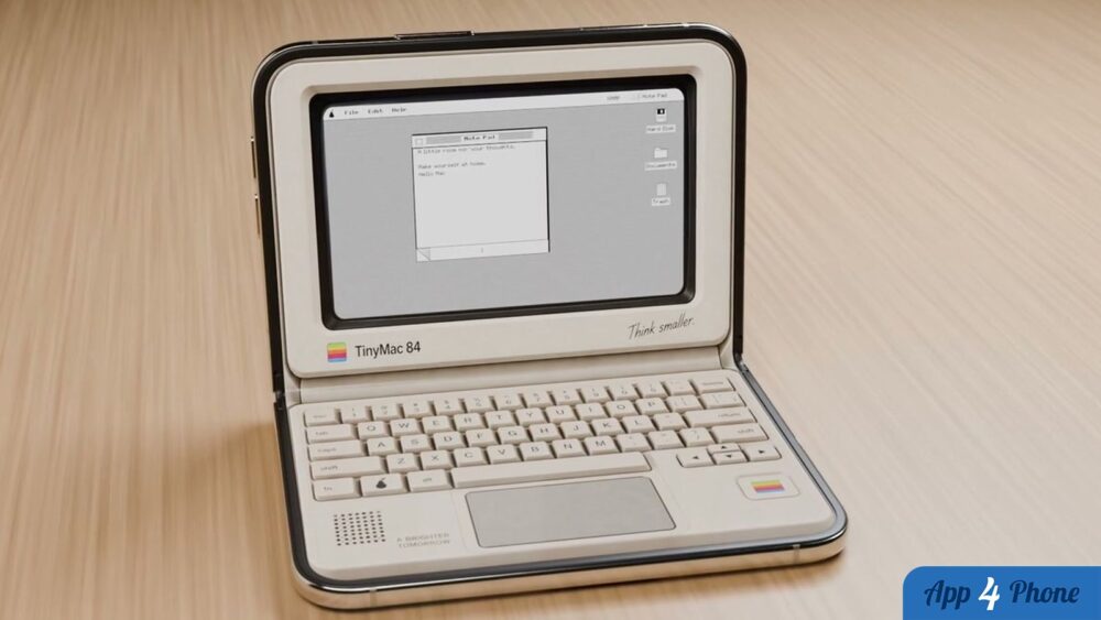 iPhone Duo plié affichant un ordinateur Macintosh miniature avec clavier virtuel