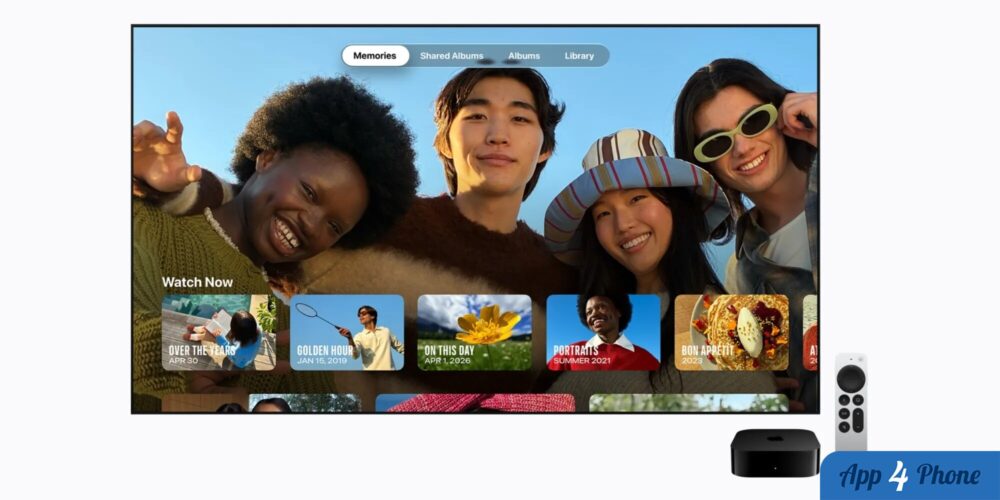 Interface tvOS affichant des souvenirs photo sur un téléviseur