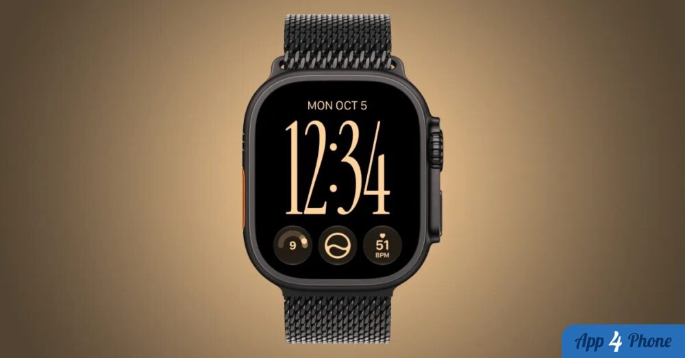 Apple Watch affichant l’heure et des indicateurs de santé