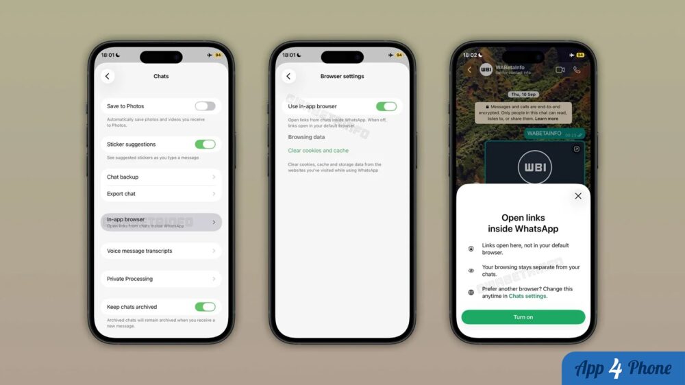 Réglages du navigateur intégré de WhatsApp sur trois écrans iPhone